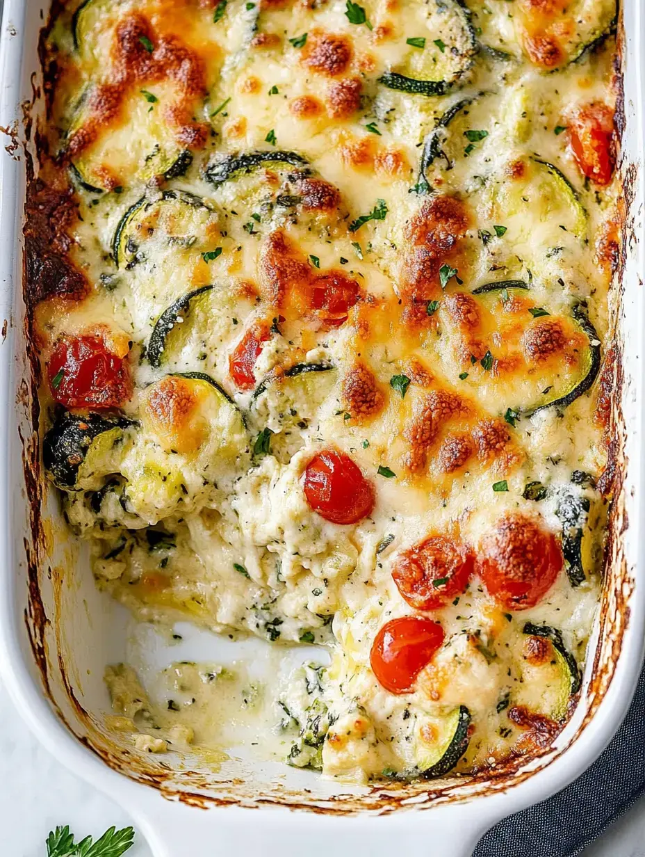 A baked dish featuring layers of melted cheese, zucchini slices, cherry tomatoes, and herbs, with a golden-brown top.