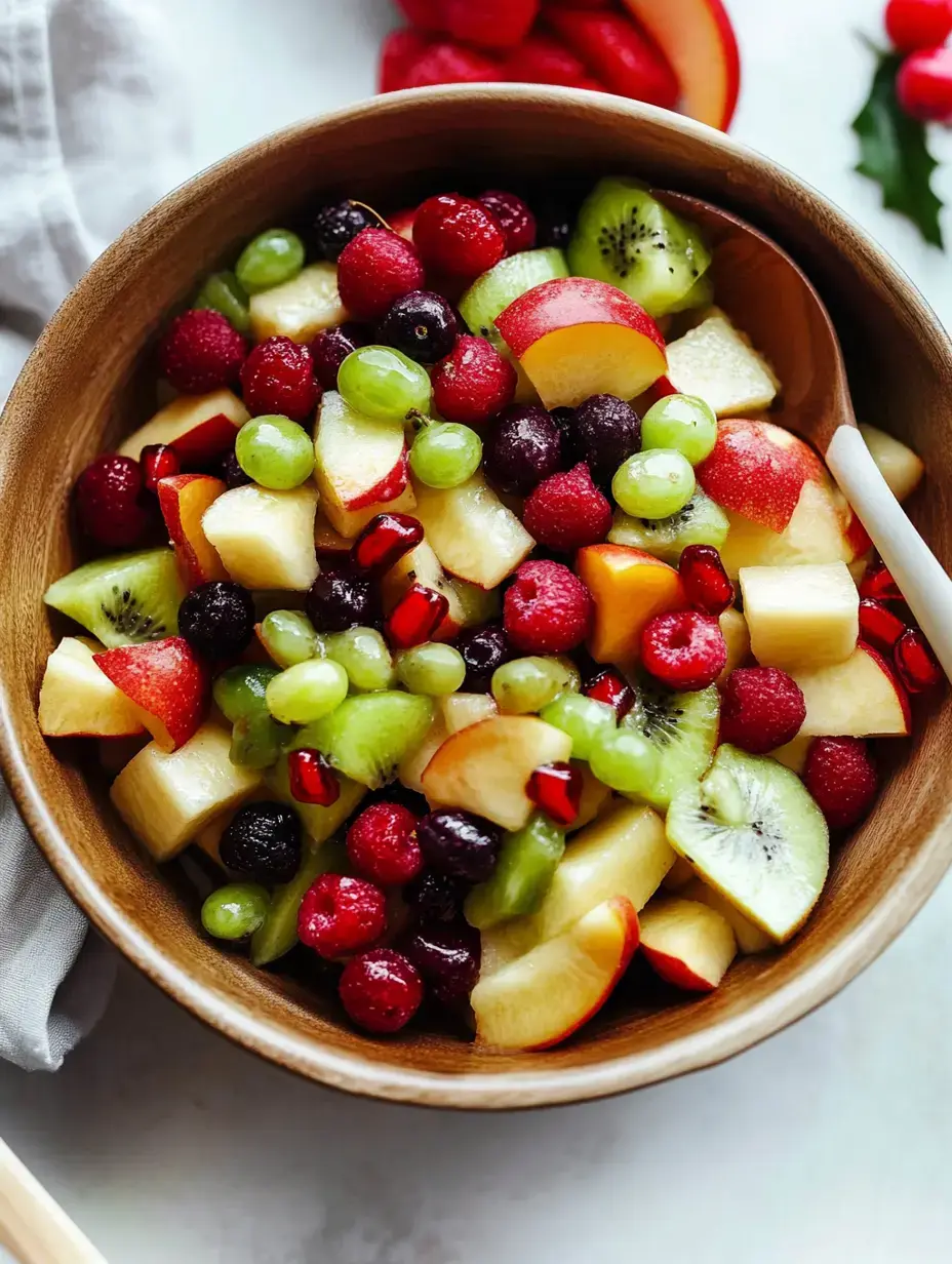 A wooden bowl filled with a colorful mix of fresh fruits, including apples, grapes, raspberries, kiwi, and pomegranate seeds.