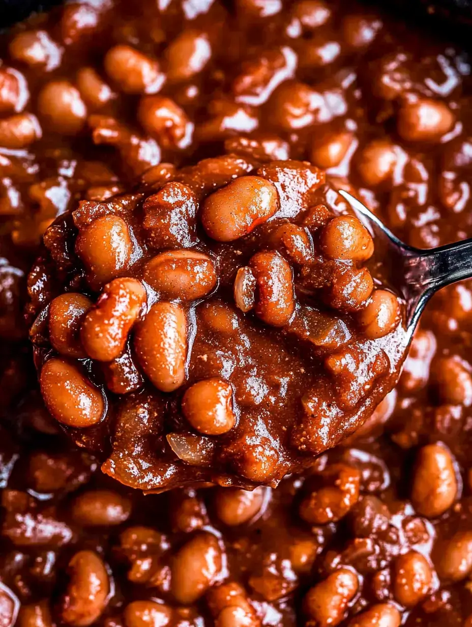 A close-up of a spoonful of baked beans in a rich, brown sauce, resting above a pot filled with more beans.