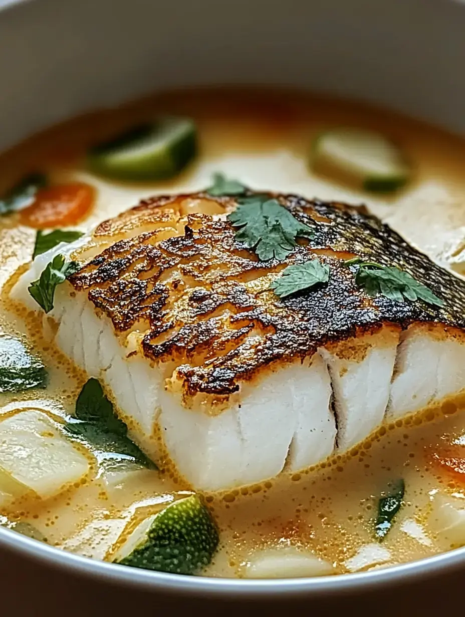 A piece of grilled fish rests on a bed of creamy broth with vegetables, garnished with fresh herbs.