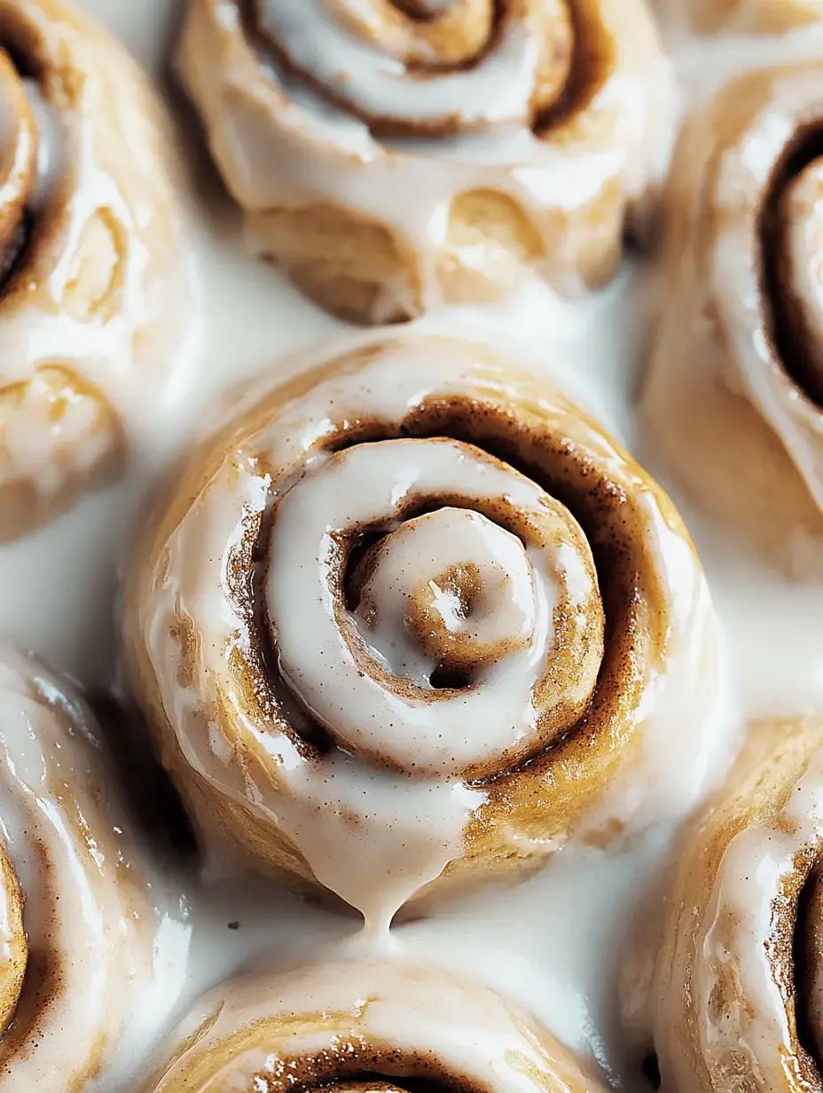 A close-up of freshly baked cinnamon rolls drizzled with white icing.