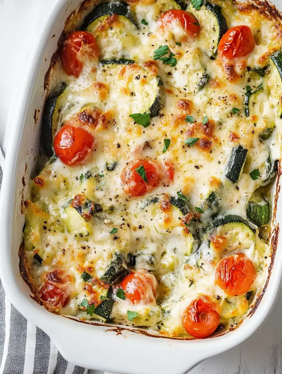 A baked dish featuring melted cheese, cherry tomatoes, and zucchini, garnished with fresh herbs.