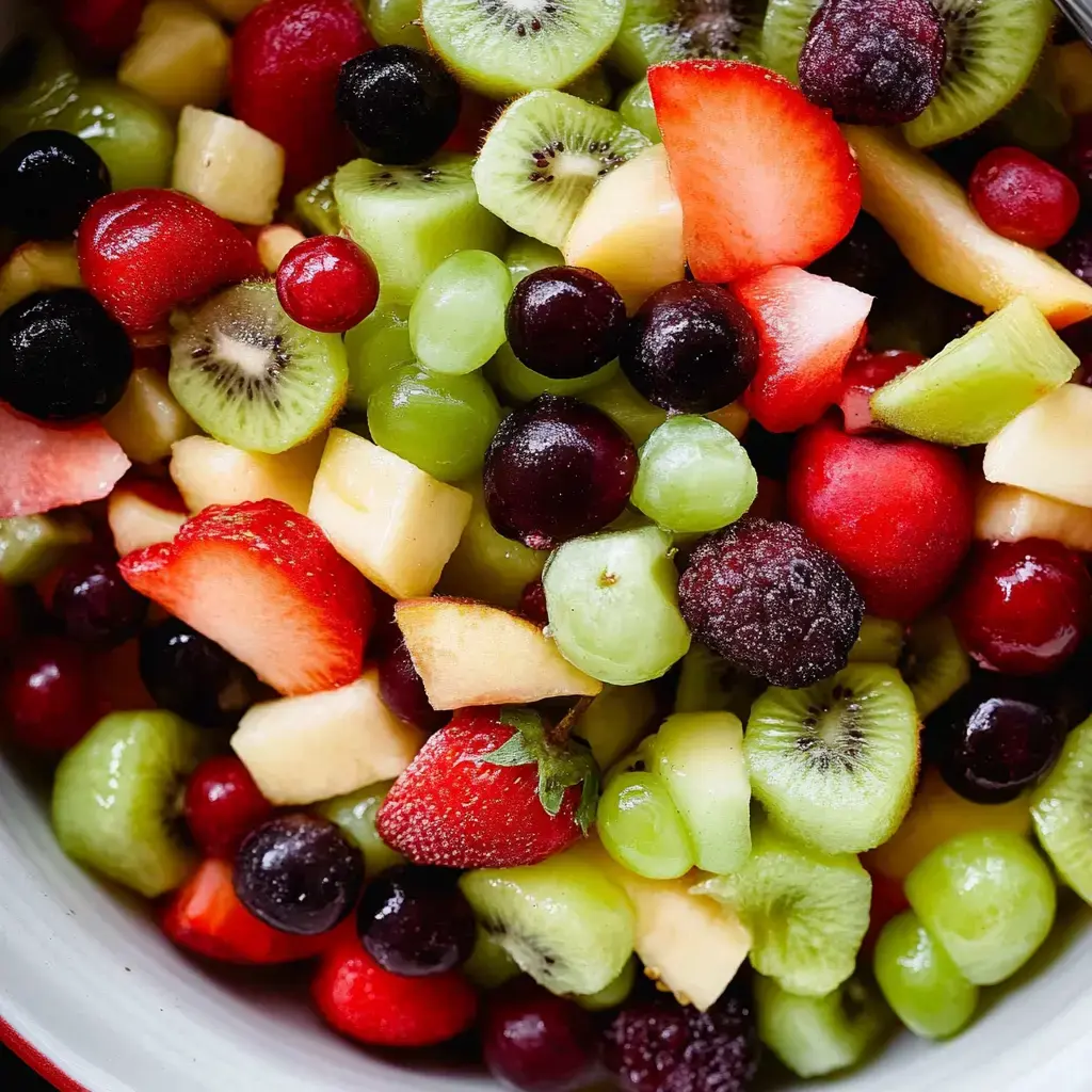 A colorful mix of assorted fresh fruits including strawberries, grapes, kiwi, apples, and melon in a bowl.