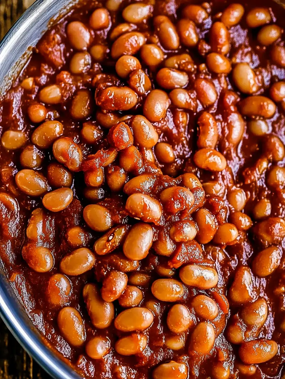 A close-up view of baked beans with a rich, glossy sauce in a stainless steel bowl.