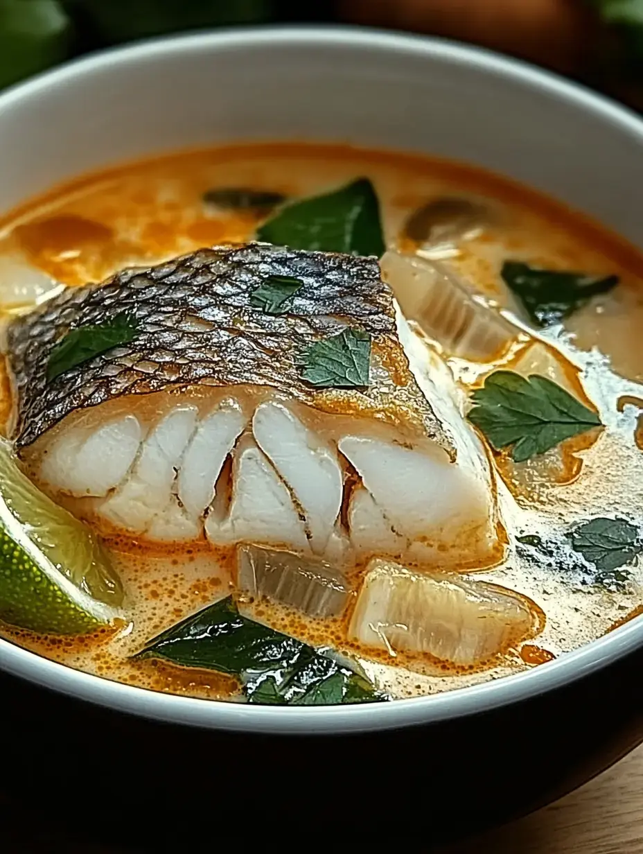 A bowl of creamy coconut fish soup garnished with green herbs and lime.