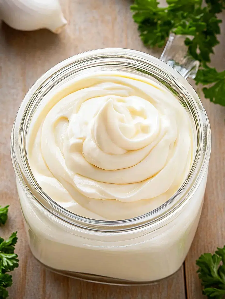 A glass jar filled with smooth, creamy mayonnaise, garnished with fresh parsley and garlic in the background.