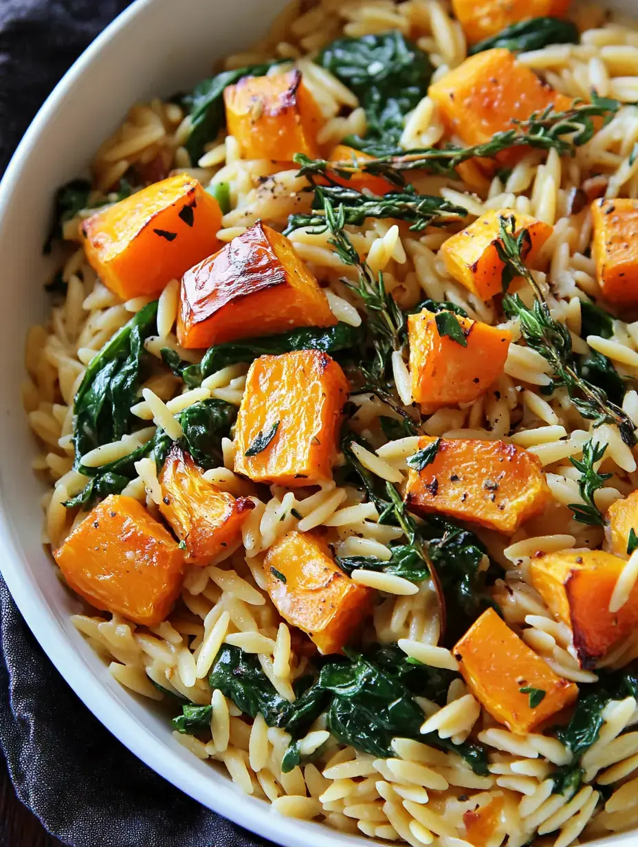 A close-up of a bowl of orzo pasta mixed with roasted butternut squash, fresh spinach, and thyme.