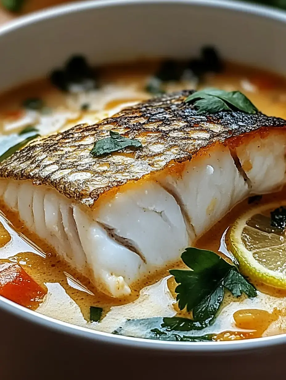 A close-up of a piece of seared fish in a bowl of creamy soup, garnished with herbs and a slice of lemon.