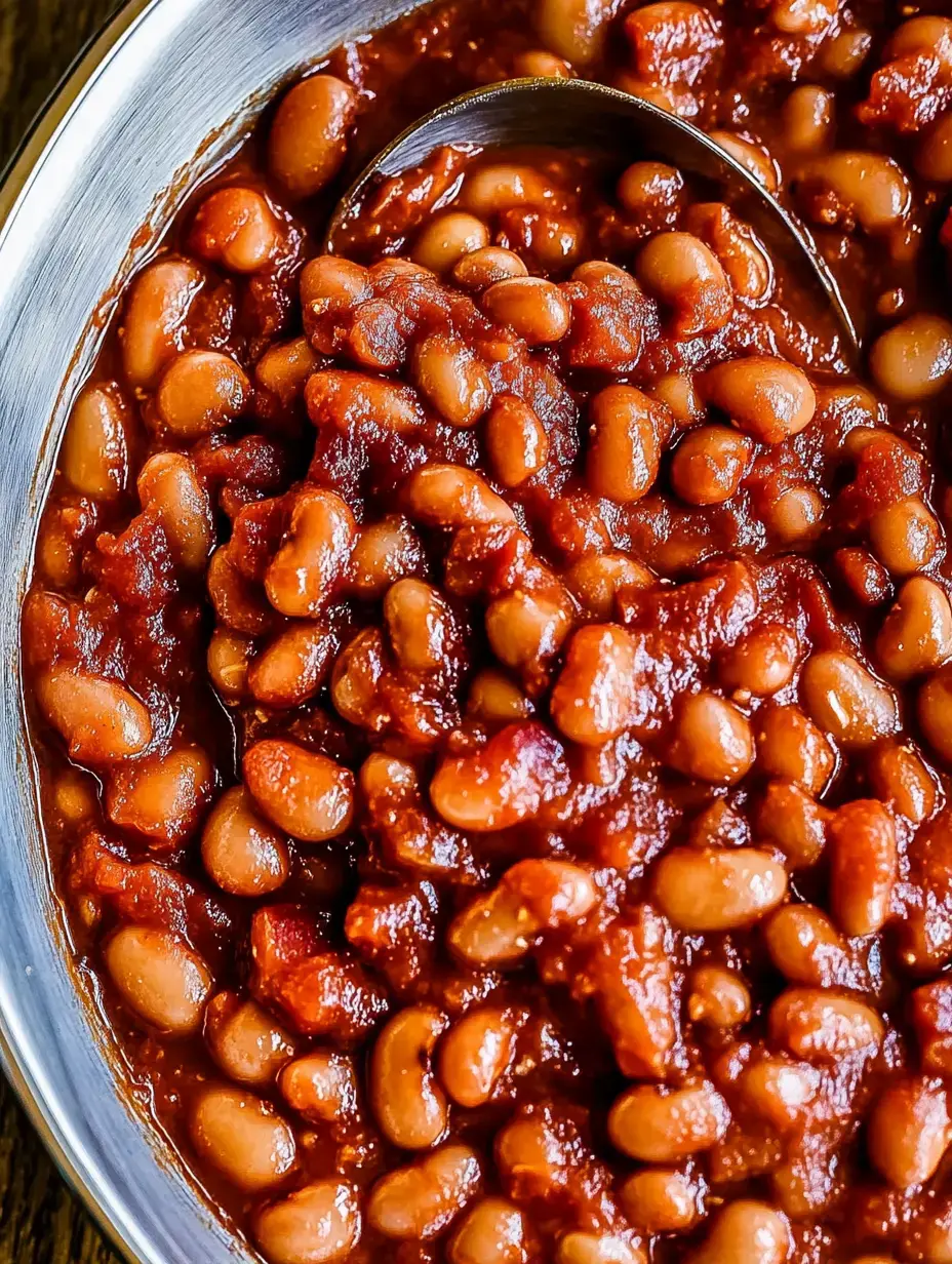 A close-up view of a silver bowl filled with baked beans in a rich, thick sauce, with a spoon resting inside.