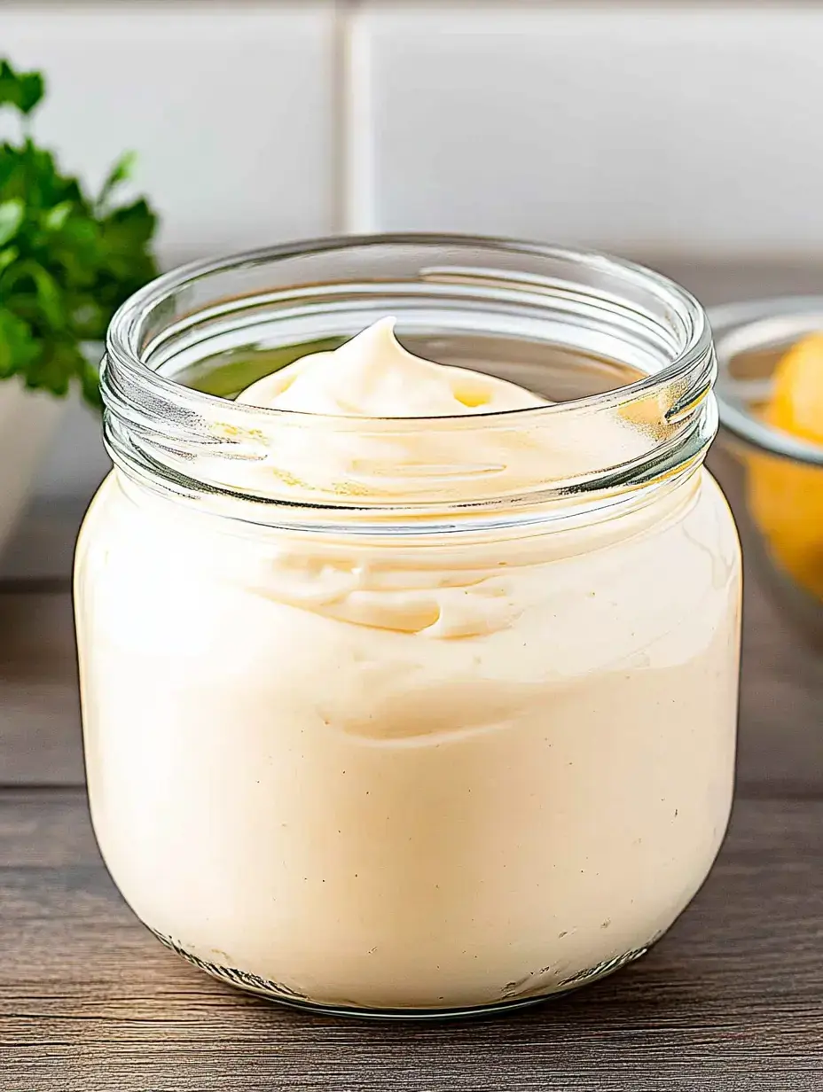 A glass jar filled with creamy mayonnaise sits on a wooden surface, with fresh herbs and lemon in the background.