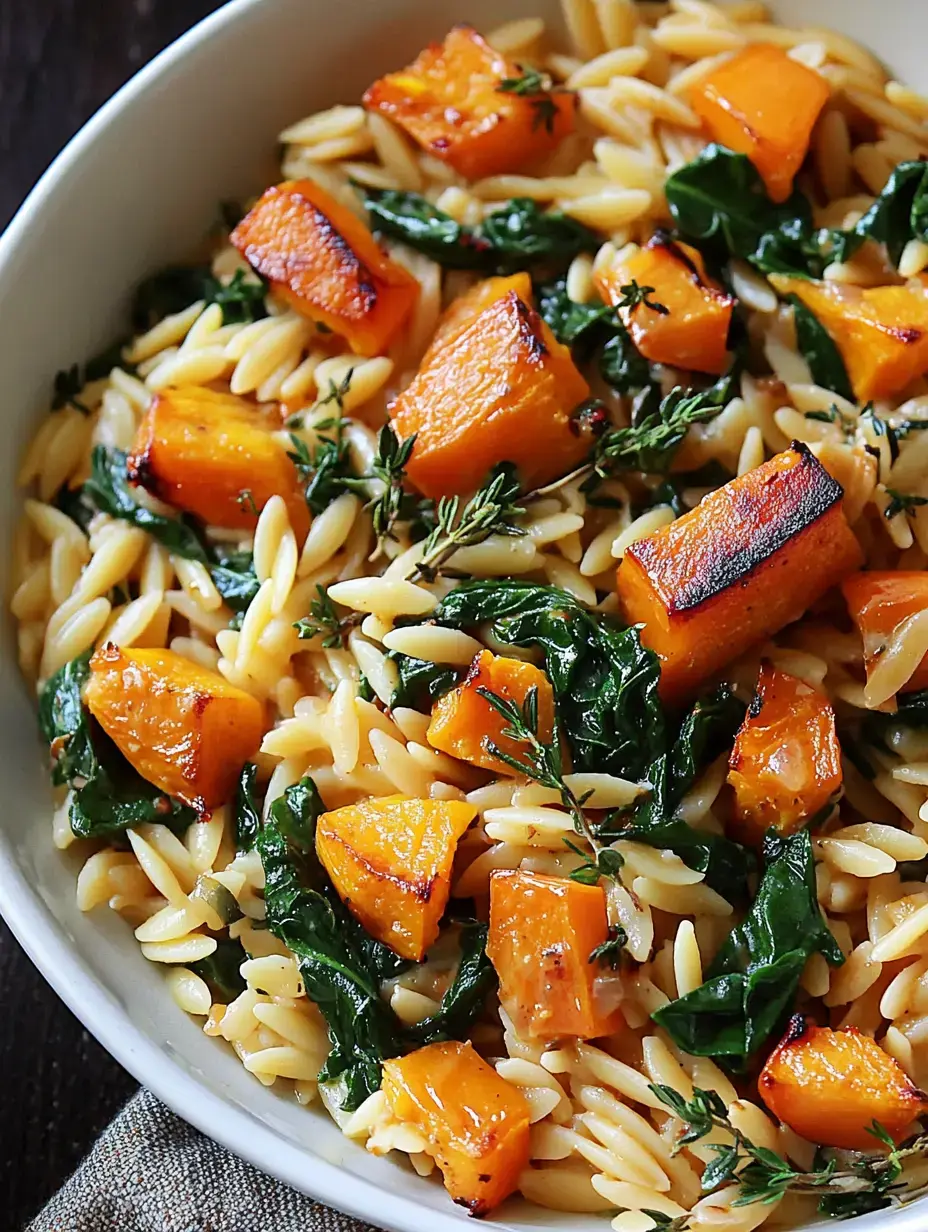 A close-up of orzo pasta mixed with sautéed greens and roasted butternut squash, garnished with fresh thyme.