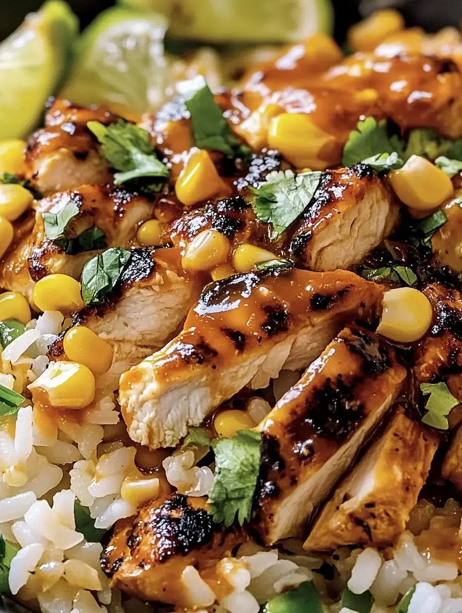 A close-up of grilled chicken slices on a bed of rice, topped with corn, cilantro, and a drizzle of sauce, garnished with lime wedges.