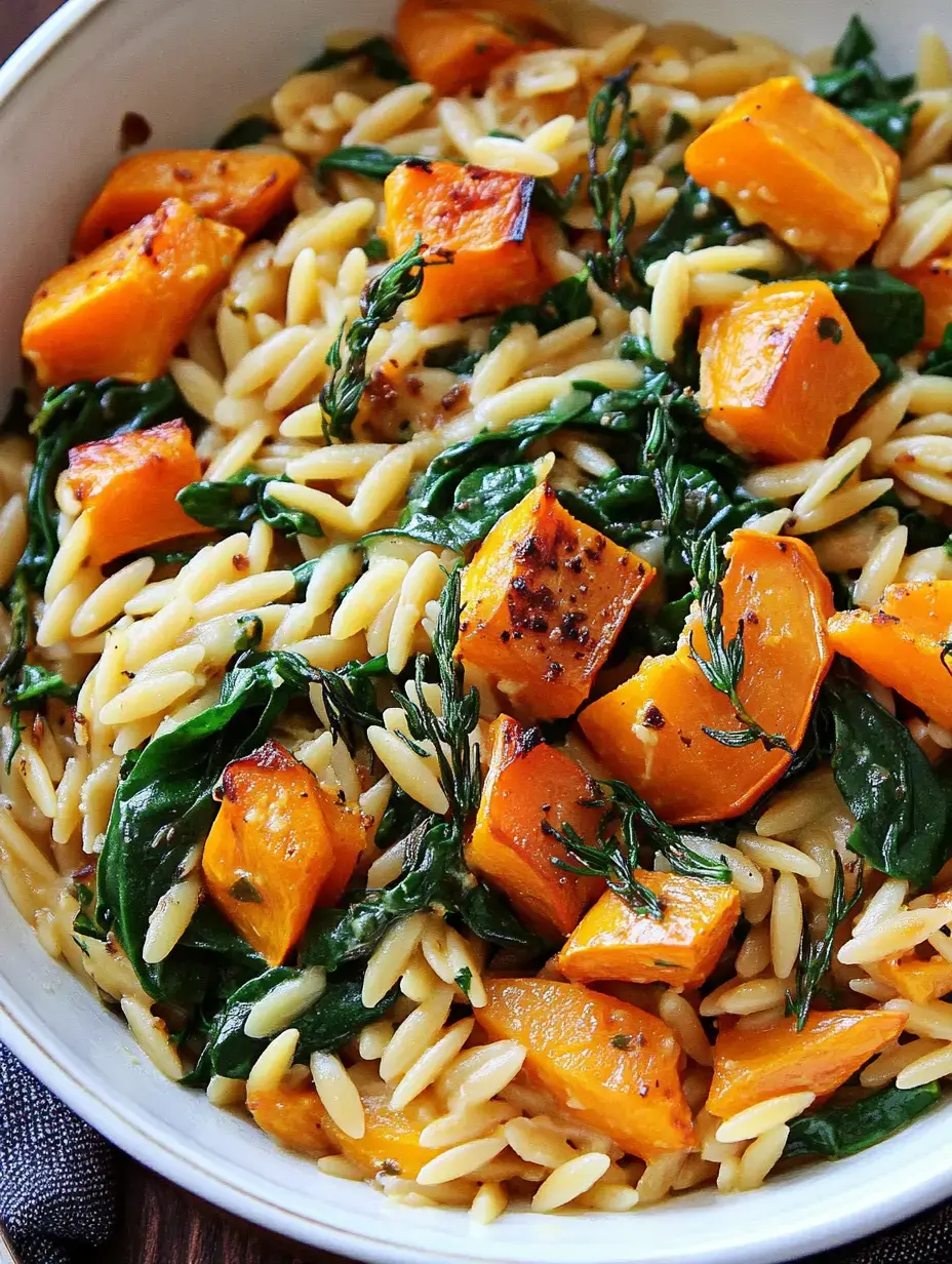 A bowl of pasta with orzo, roasted butternut squash, and fresh spinach, garnished with herbs.