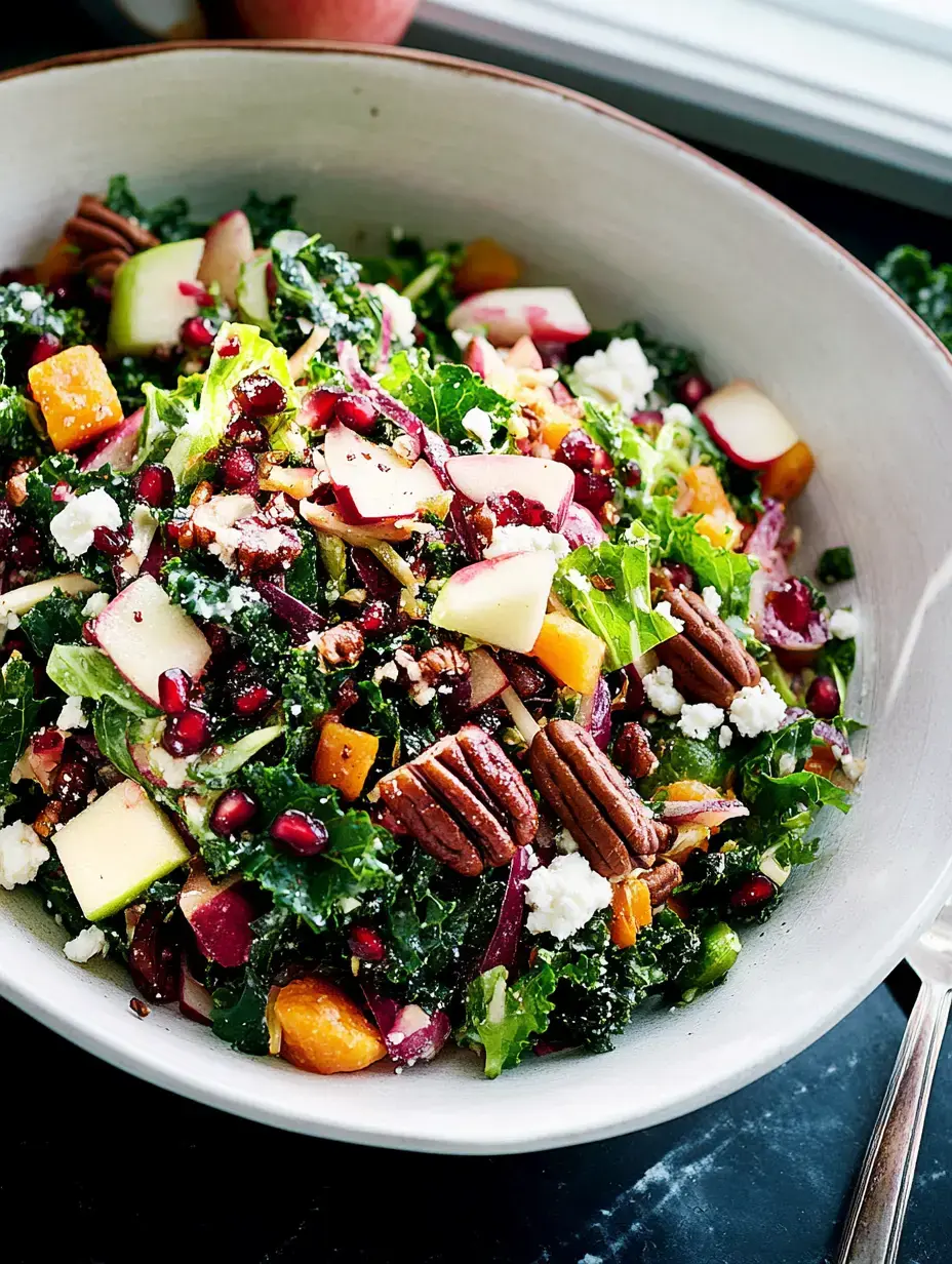 A colorful salad with kale, apples, pomegranate seeds, pecans, and feta cheese served in a large bowl.