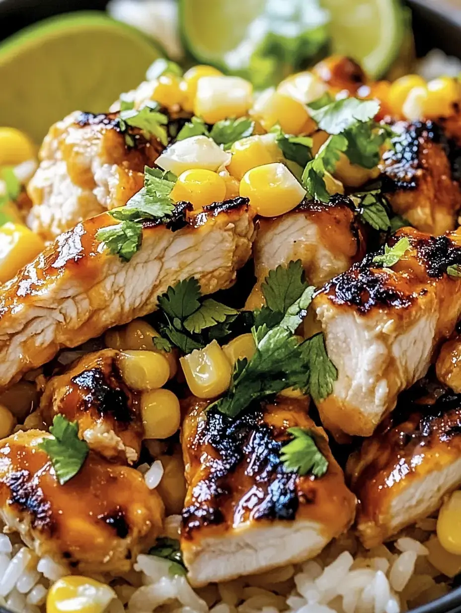 A close-up of grilled chicken pieces topped with corn and cilantro, served over rice with lime wedges in the background.