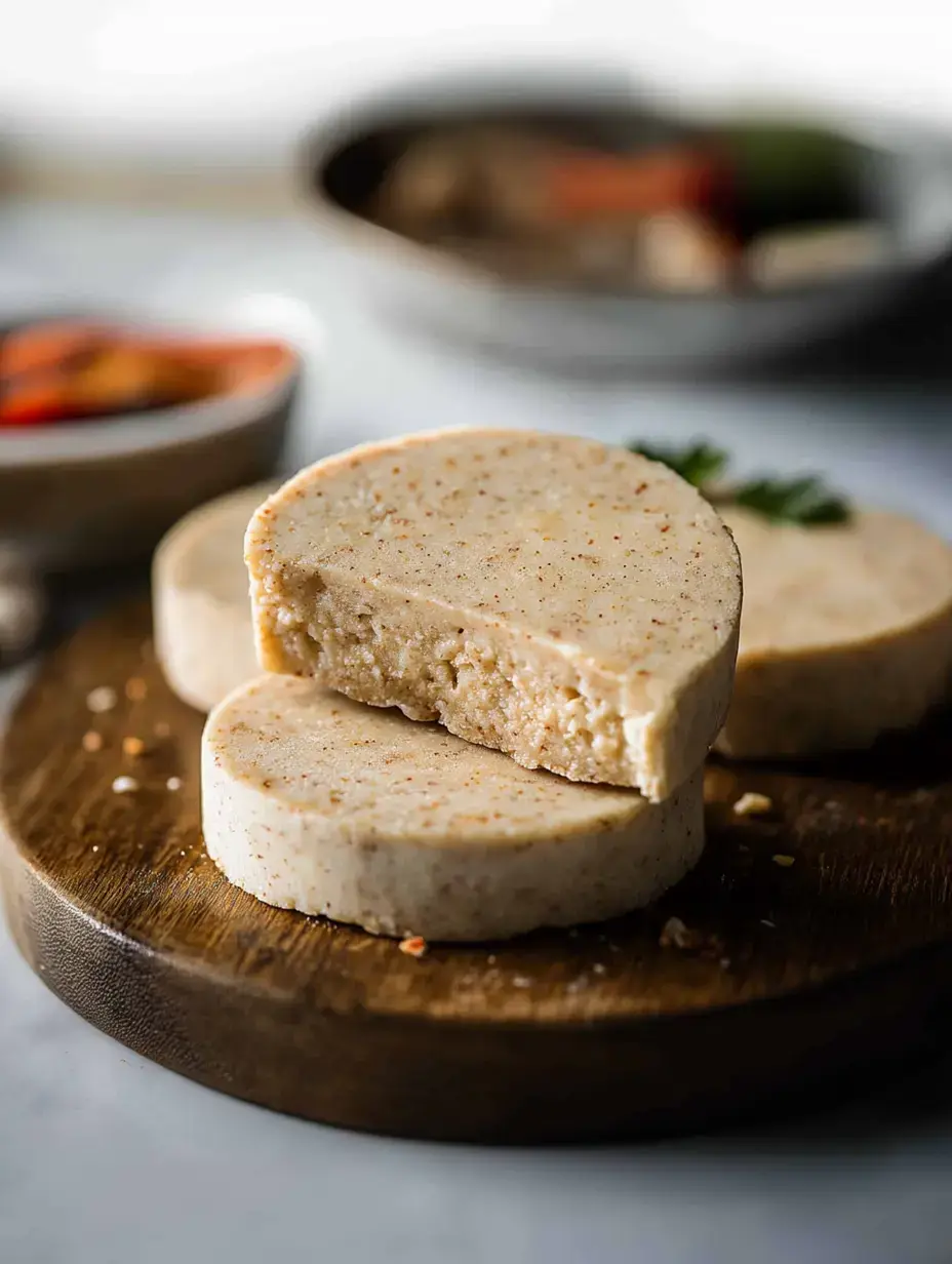 A close-up of round slices of a smooth, pale cheese placed on a wooden cutting board, with one slice partially cut to reveal its creamy interior.