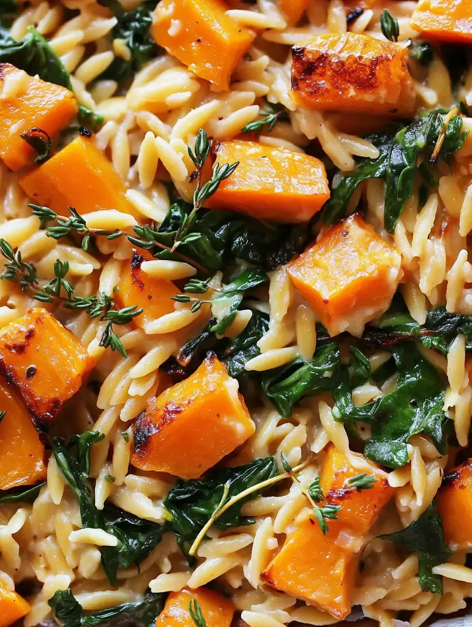 A close-up of orzo pasta mixed with sautéed spinach and chunks of roasted butternut squash, garnished with fresh thyme.