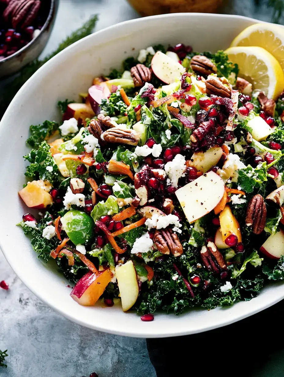 A vibrant kale salad with apples, pomegranate seeds, pecans, and crumbled feta, garnished with lemon slices.