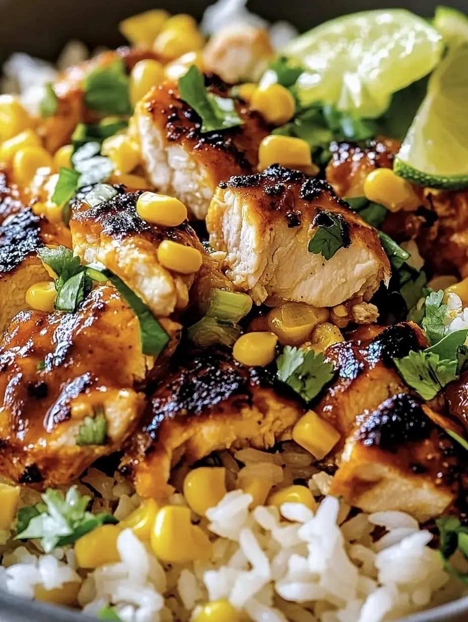 A bowl of rice topped with grilled chicken, corn, and fresh herbs, garnished with a lime wedge.