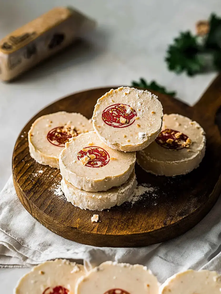 Sliced rounds of a creamy, light-colored dessert with a red garnish are stacked on a wooden serving board, surrounded by a cloth and herbs.