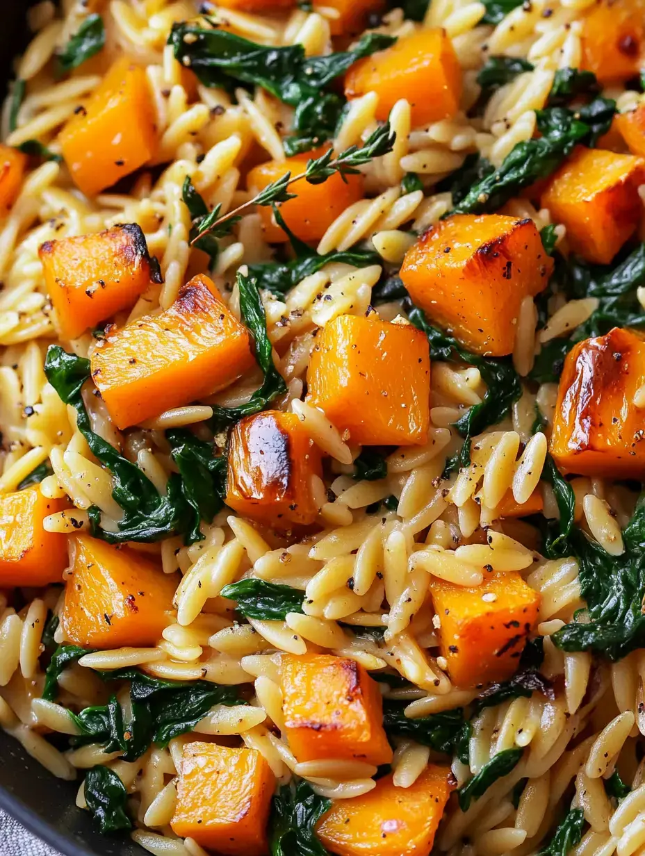 A close-up image of orzo pasta mixed with vibrant orange butternut squash cubes and fresh green spinach.