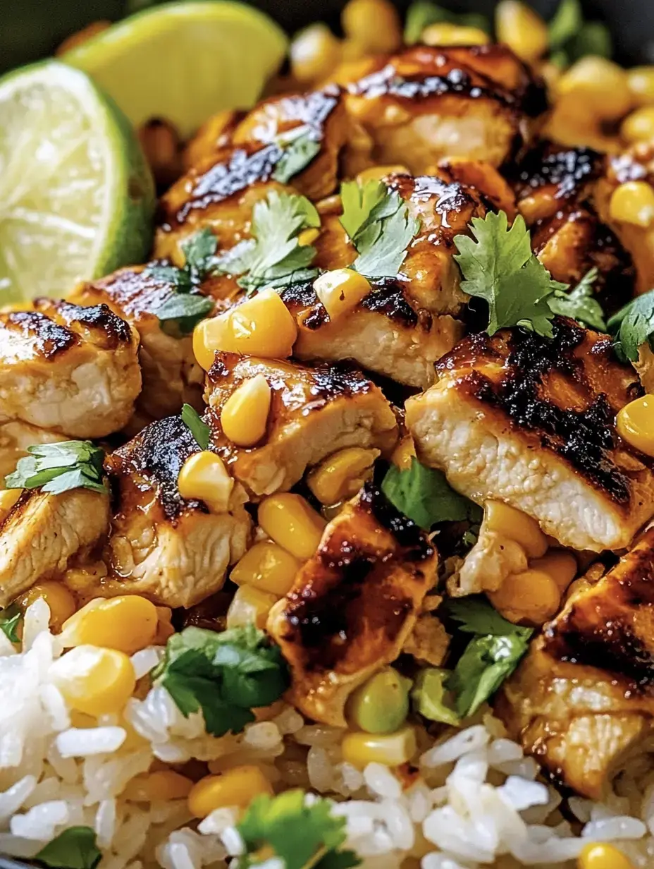 A close-up of a bowl containing grilled chicken pieces garnished with corn, cilantro, and lime, served over a bed of rice.