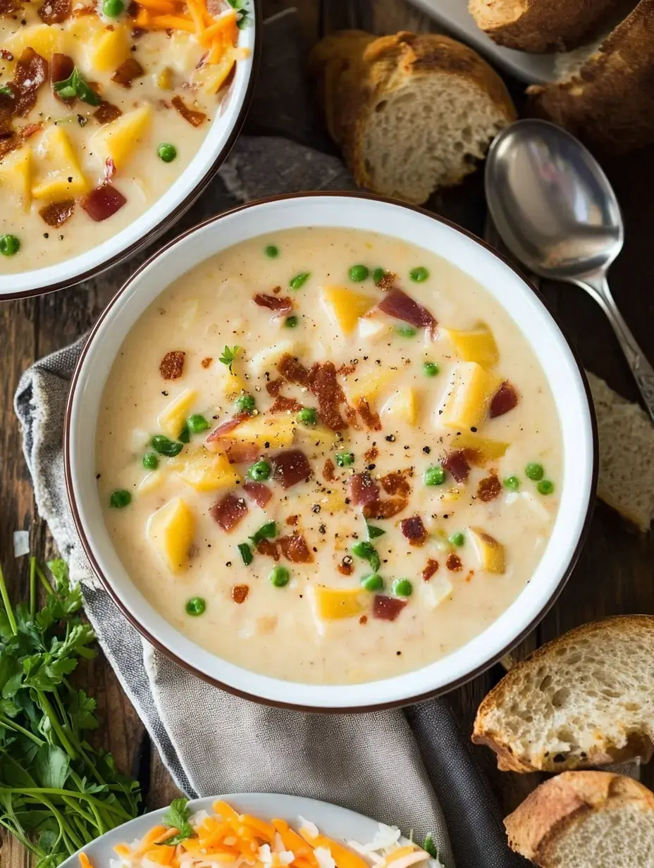 A bowl of creamy soup topped with diced ham, peas, and cheese, accompanied by slices of bread.