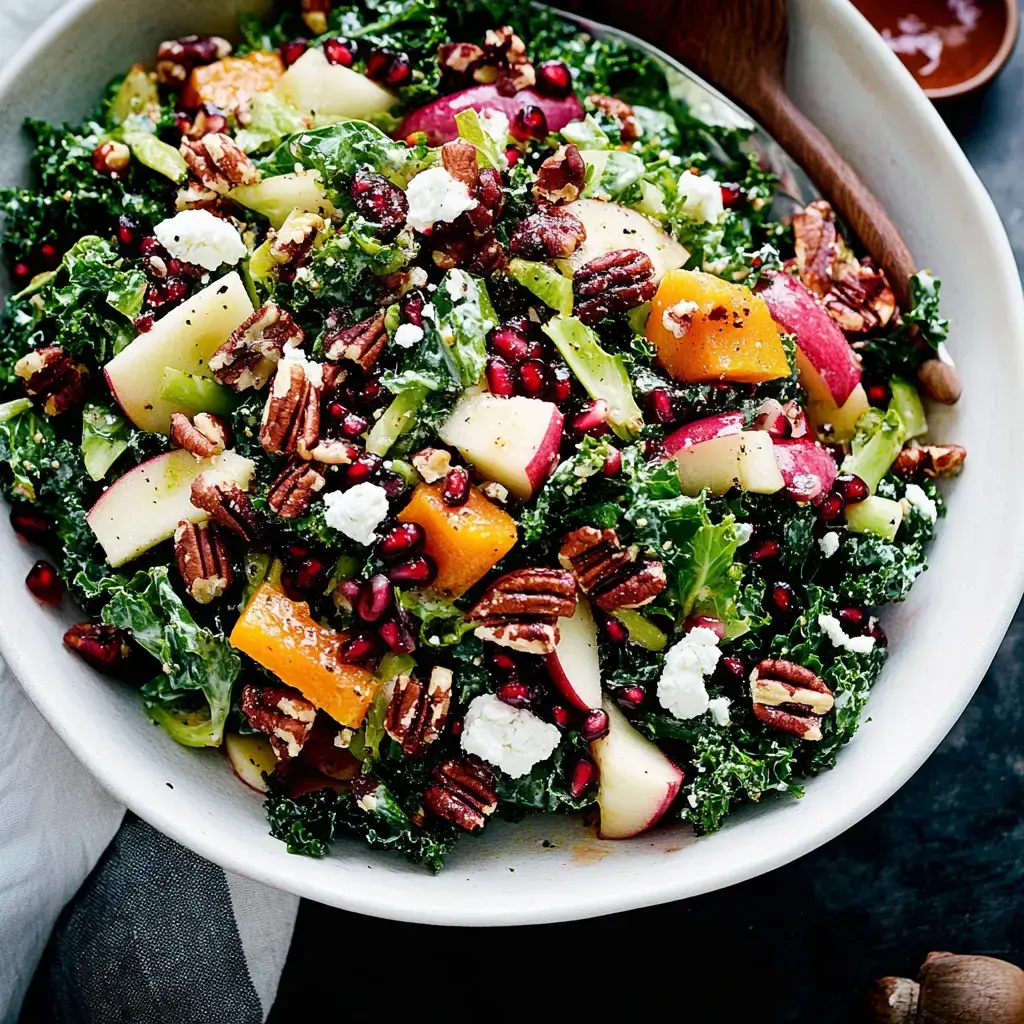 A vibrant salad featuring kale, apples, pomegranate seeds, pecans, and goat cheese in a large bowl.