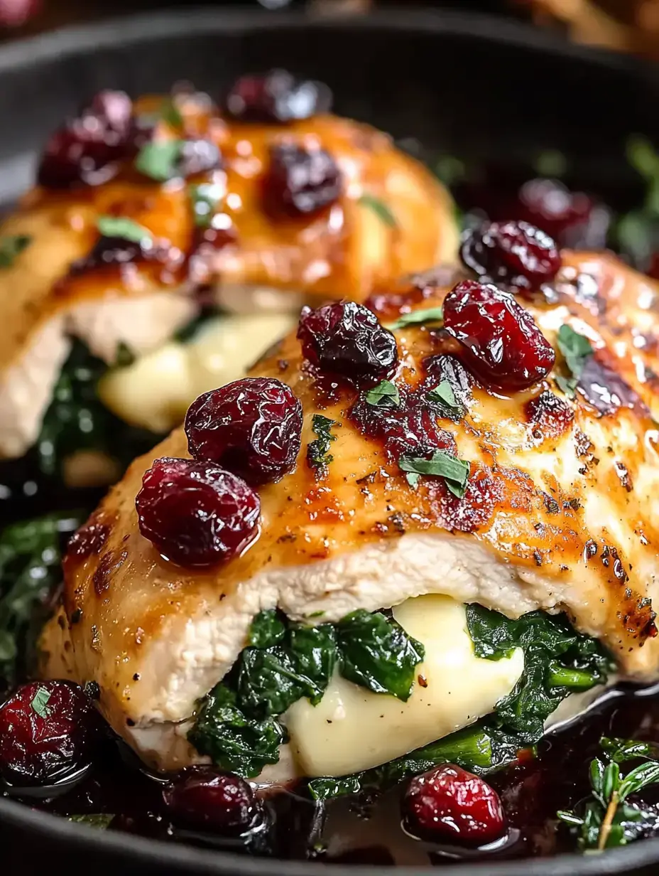 A close-up of two stuffed chicken breasts topped with cranberries and herbs, served on a bed of sautéed spinach and potatoes in a dark sauce.