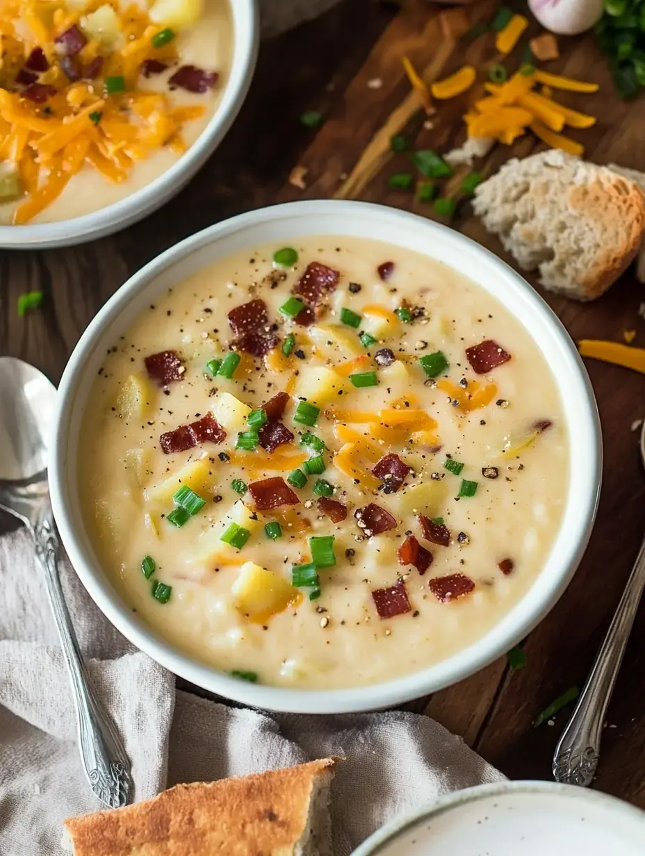 A close-up of two bowls of creamy potato soup topped with cheese, bacon, and green onions, accompanied by pieces of bread and scattered ingredients on a wooden surface.