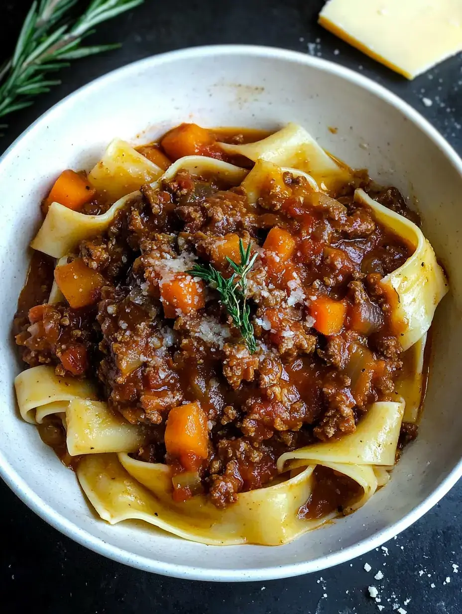 A bowl of pappardelle pasta topped with a hearty meat sauce, diced carrots, and garnished with fresh herbs and grated cheese.