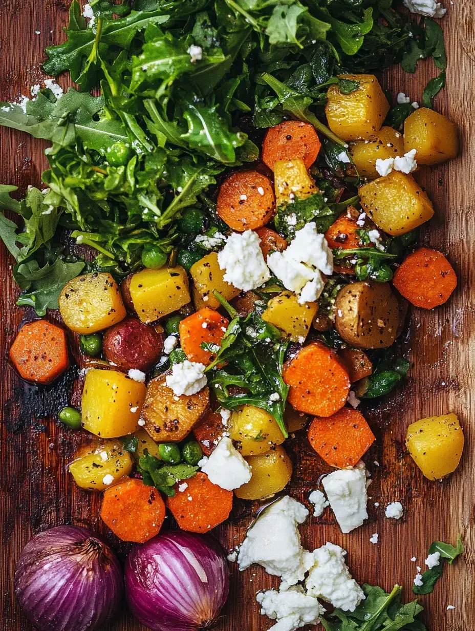 A colorful assortment of roasted vegetables, including carrots, potatoes, and peas, is arranged on a wooden board, topped with fresh arugula and crumbled cheese.