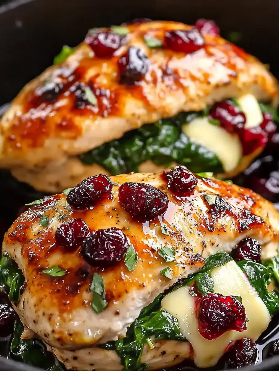 A close-up of grilled chicken breasts stuffed with spinach and cheese, topped with cranberries and herbs.