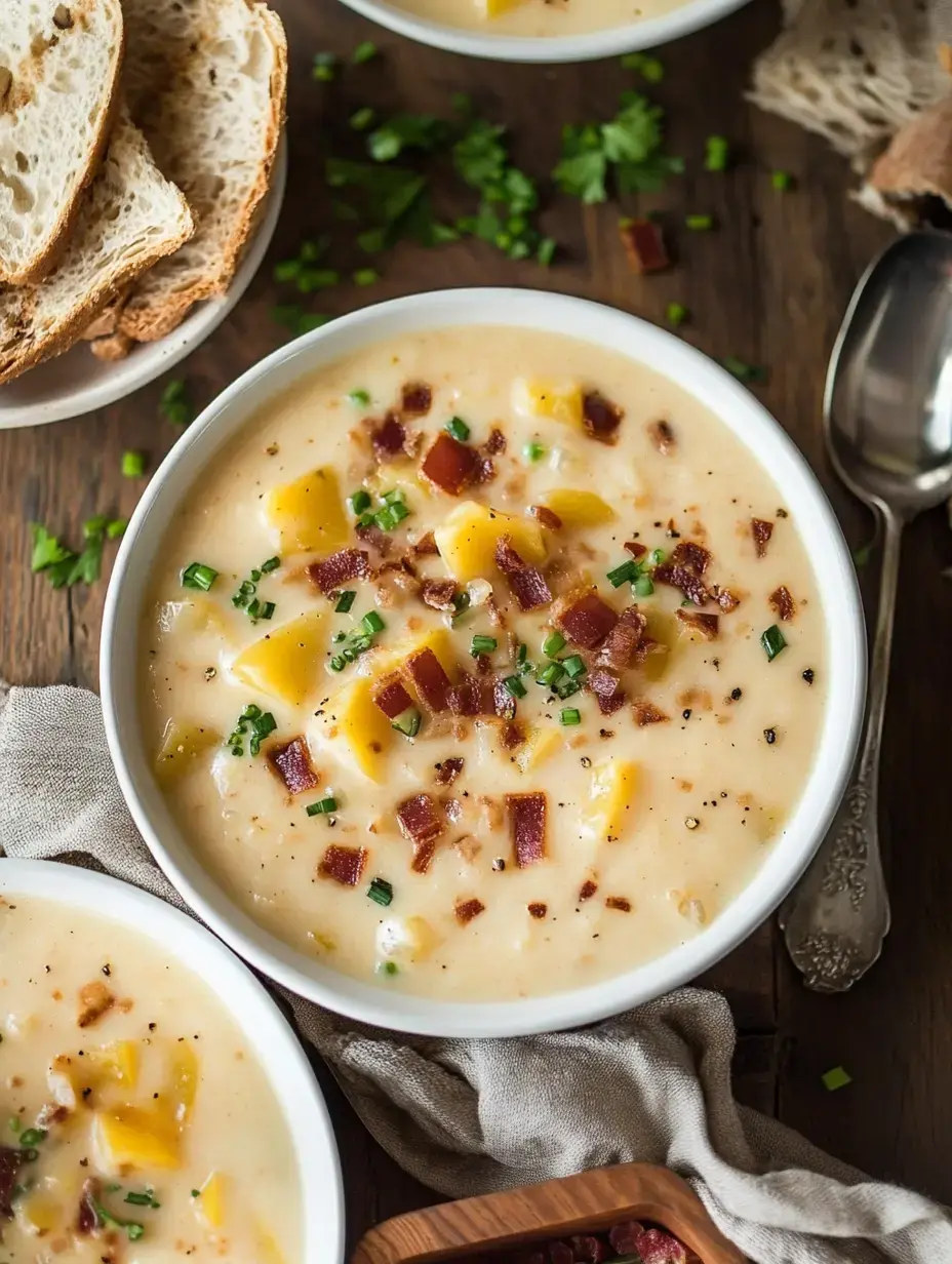 A bowl of creamy soup topped with diced potatoes, bacon, and green onions, accompanied by slices of bread on a wooden surface.