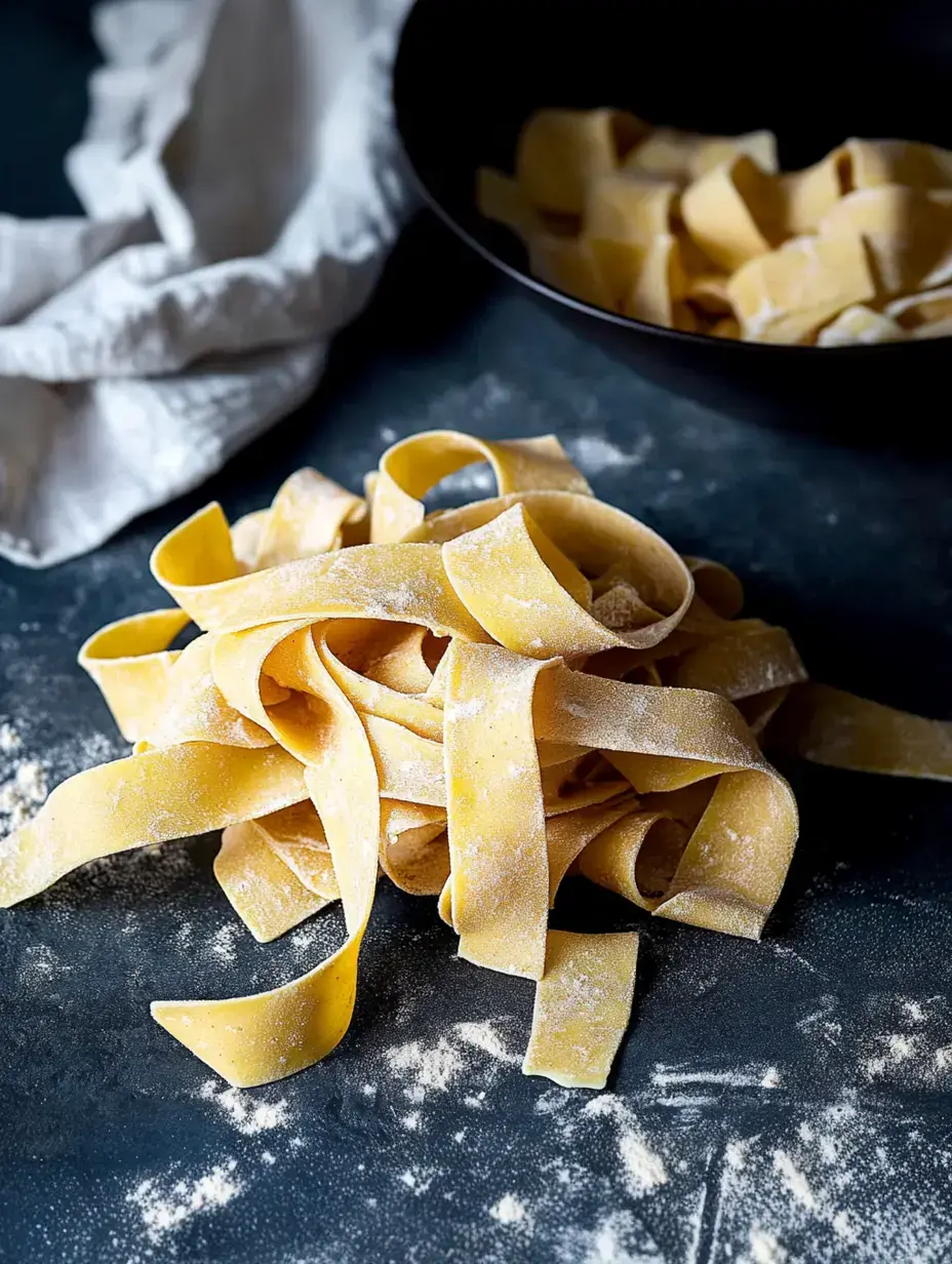 A pile of fresh pasta sits on a dark surface dusted with flour, with a bowl of additional pasta in the background.