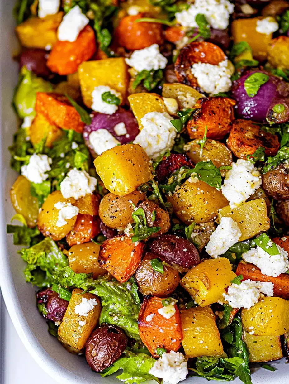 A vibrant salad featuring a mix of roasted vegetables, leafy greens, and crumbled cheese.