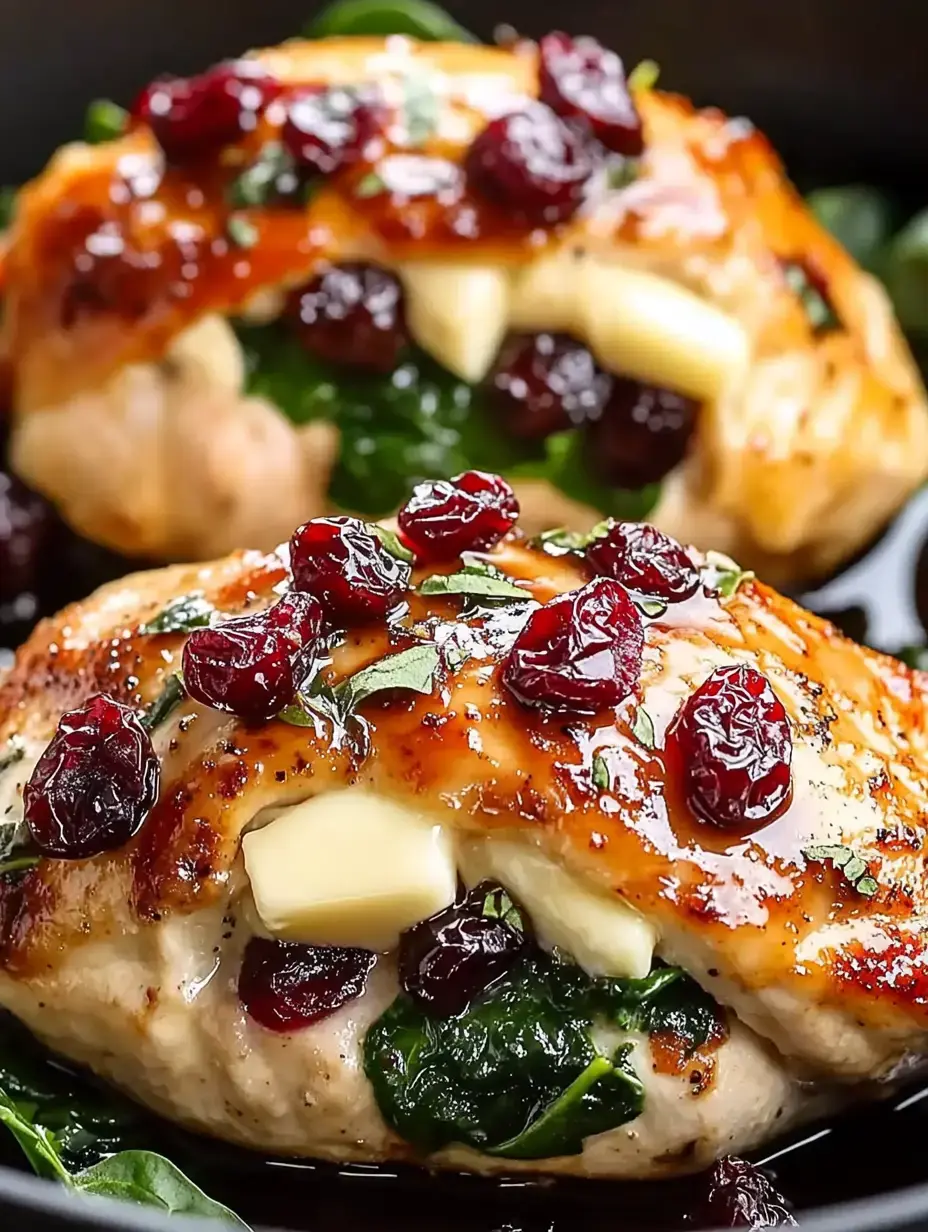 Two stuffed chicken breasts topped with dried cranberries and herbs, served on a bed of spinach.