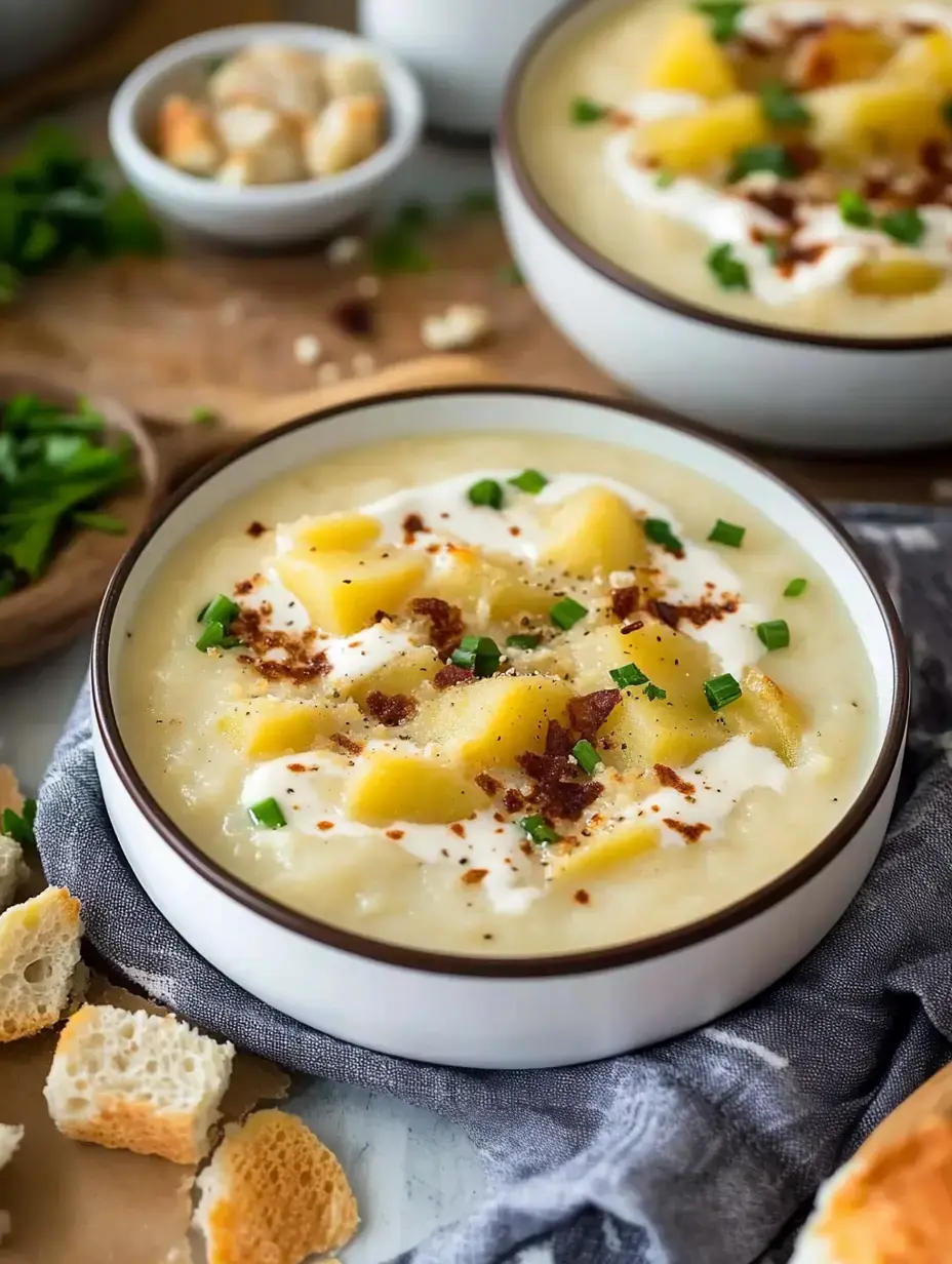 A bowl of creamy soup topped with diced potatoes, sour cream, bacon bits, and chopped green onions, accompanied by pieces of bread and herbs in the background.