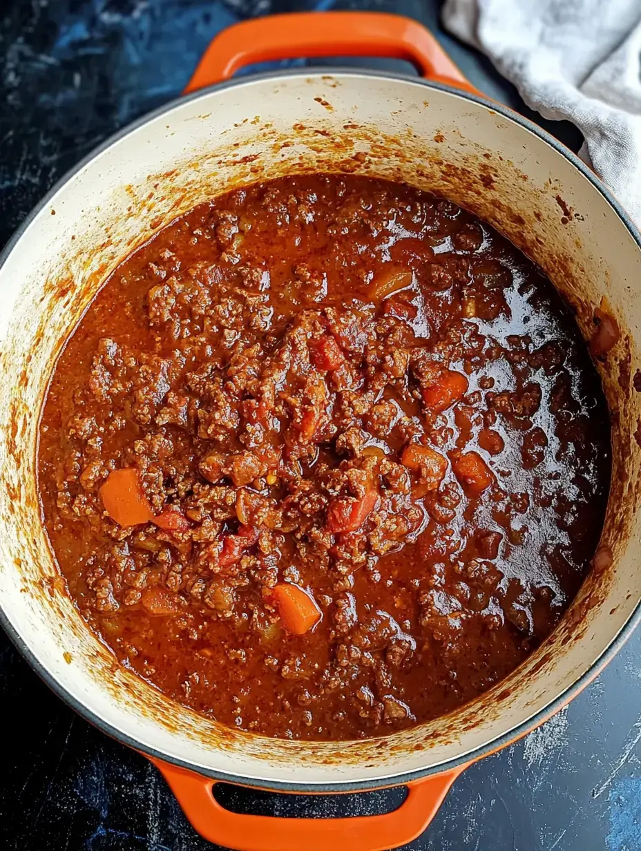 A close-up view of a pot filled with thick, rich chili containing ground meat, diced carrots, and red bell peppers.