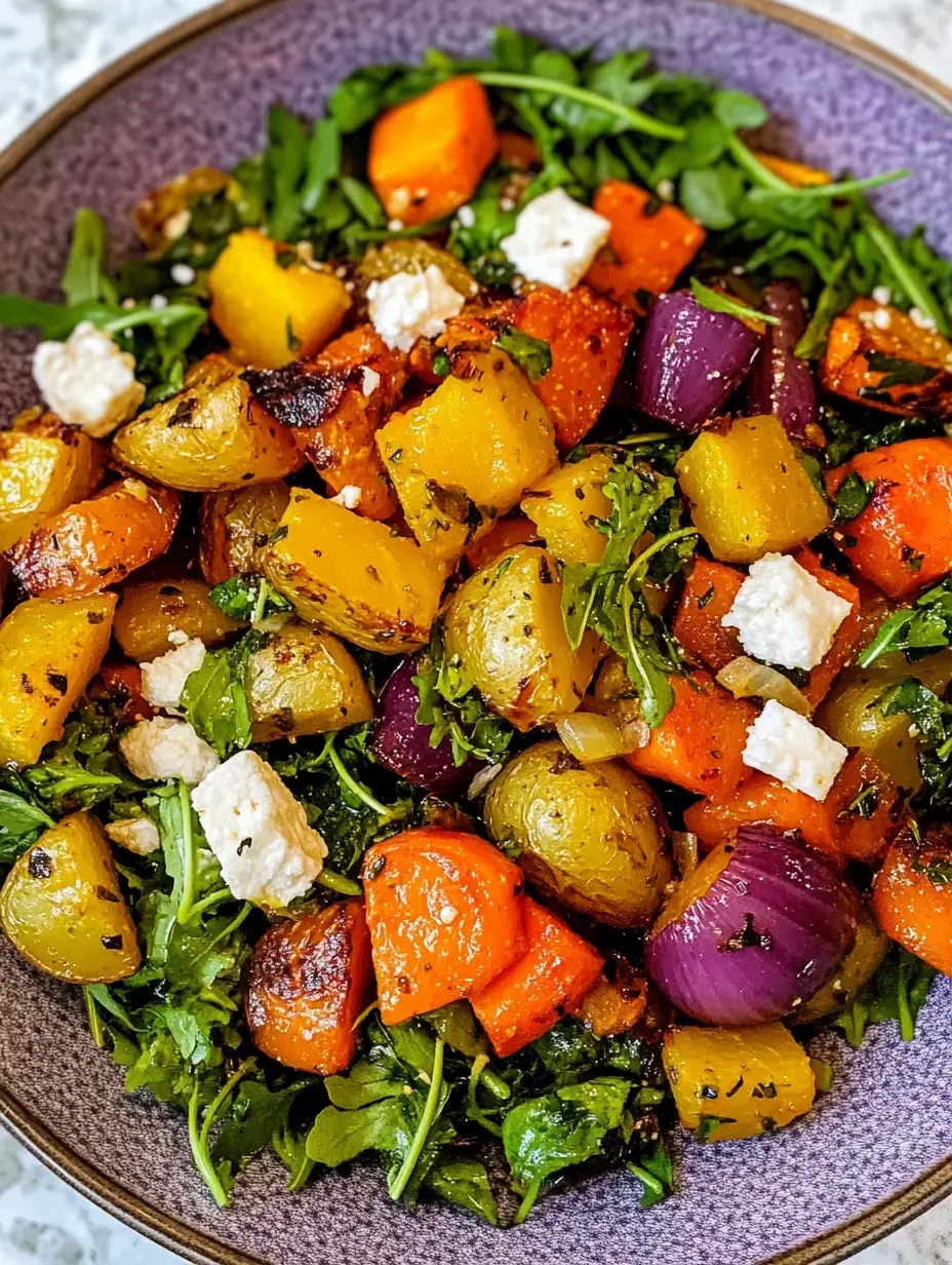 A vibrant salad featuring roasted vegetables, including orange and purple carrots, yellow squash, and purple onions, topped with fresh arugula and crumbled feta cheese.