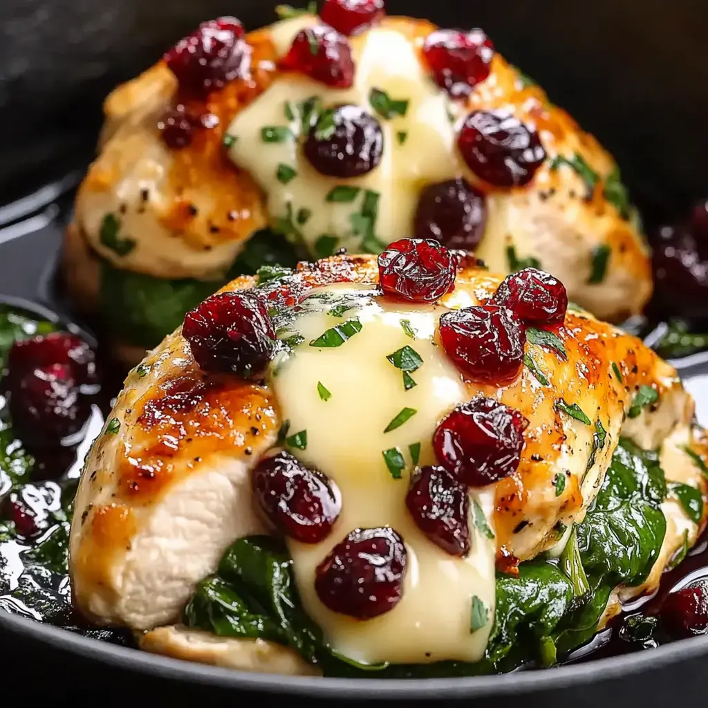 A close-up of two chicken breasts topped with cheese, cranberries, and fresh herbs on a bed of spinach.