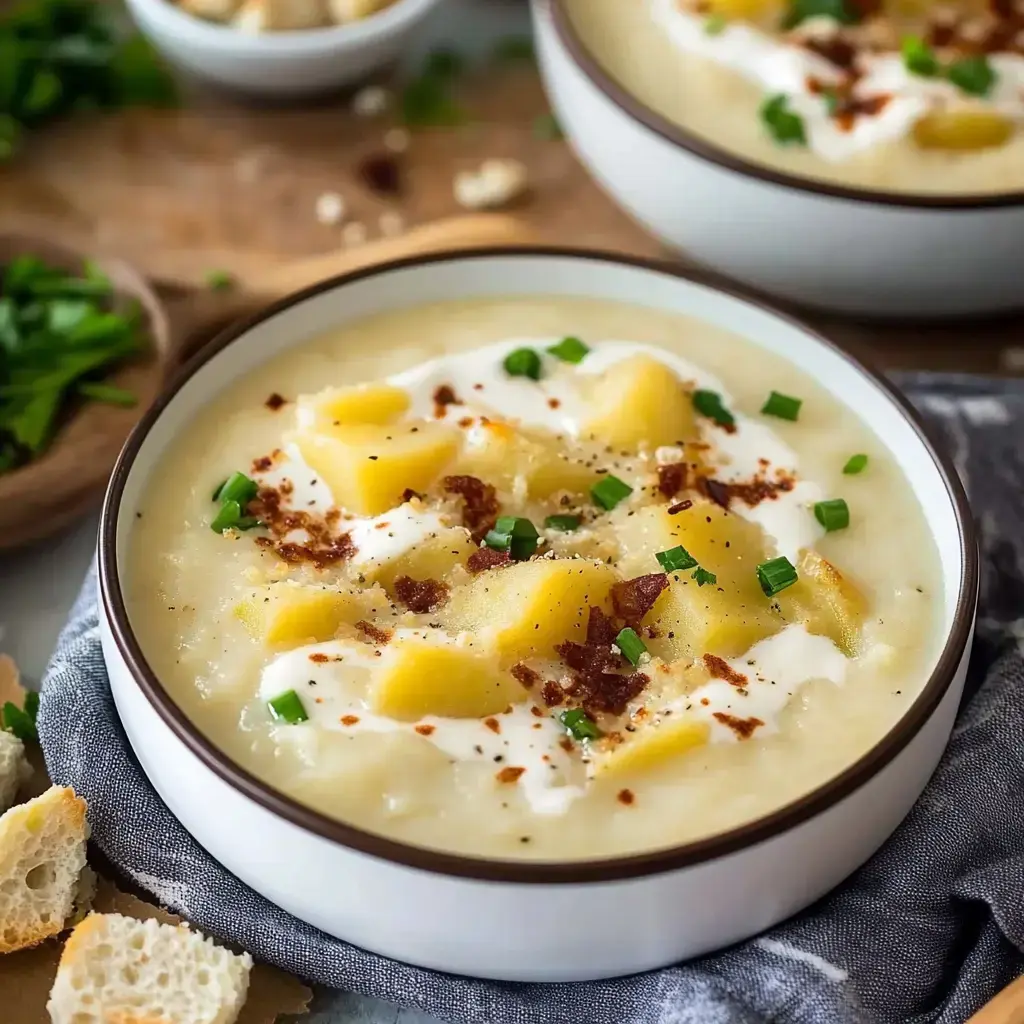 A bowl of creamy potato soup topped with sour cream, bacon bits, and chopped green onions, accompanied by pieces of bread on the side.