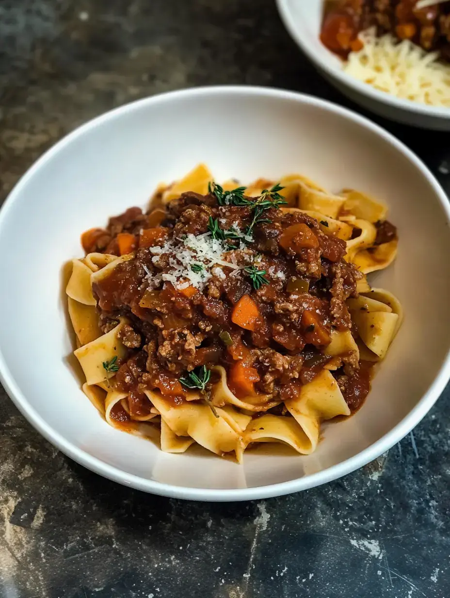 A bowl of pappardelle pasta topped with a hearty meat sauce, carrots, and garnished with thyme and grated cheese.