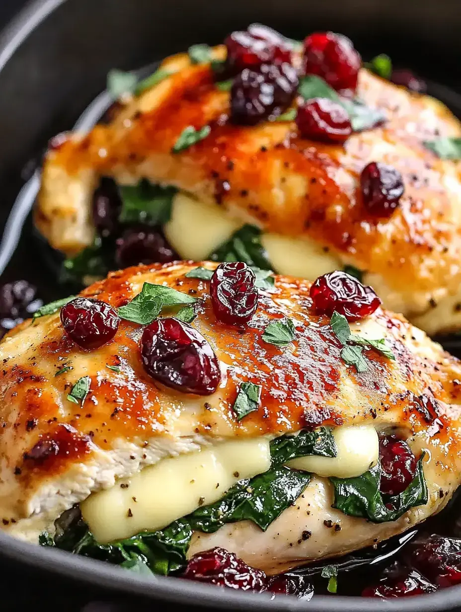 A close-up of two cooked chicken breasts stuffed with melted cheese and spinach, topped with cranberries and garnished with parsley.