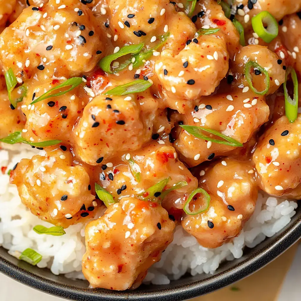 A close-up view of a dish featuring sweet and spicy chicken pieces with green onions and sesame seeds, served over a bed of white rice.