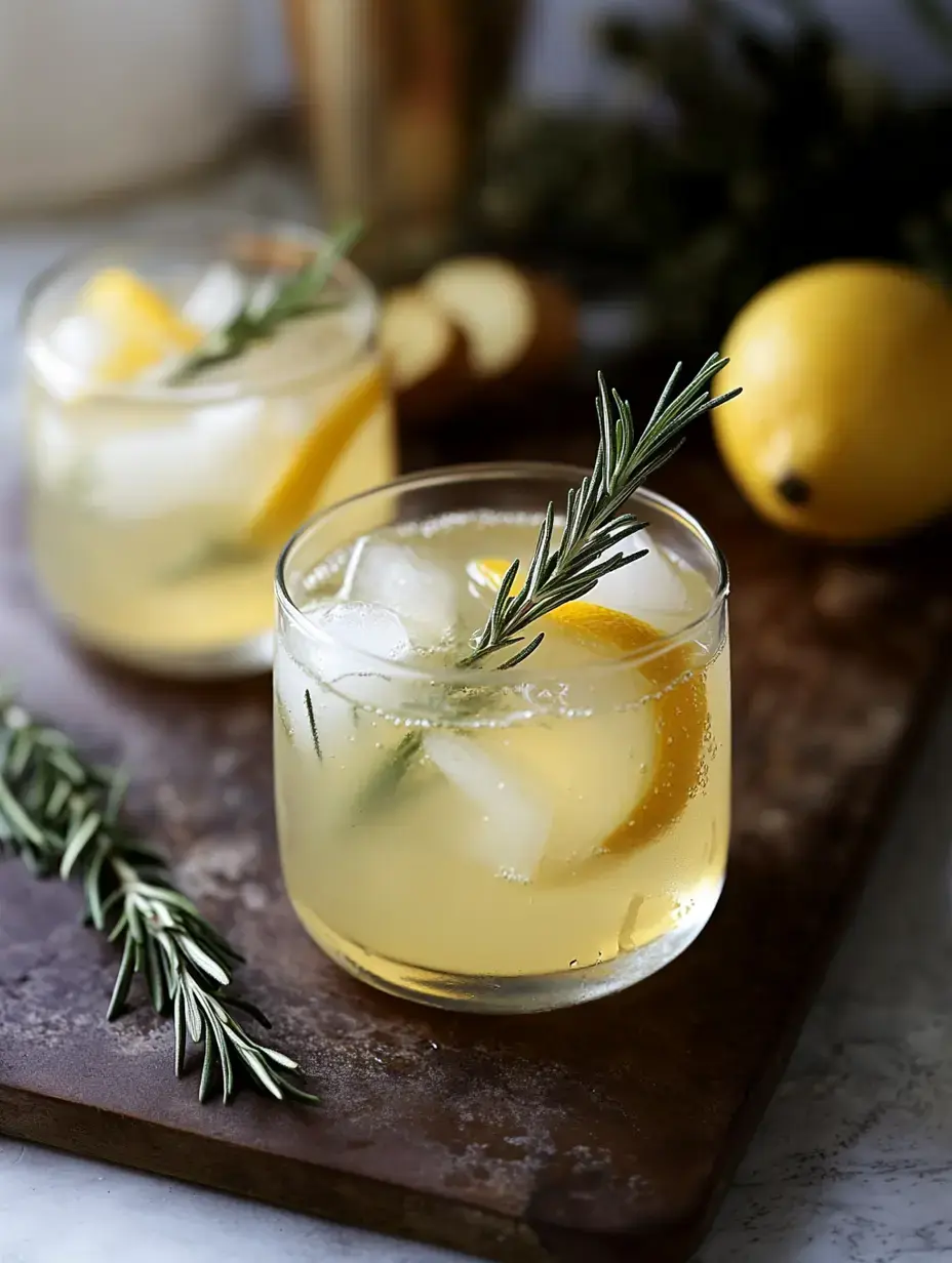 Two glasses of a refreshing lemon rosemary drink with ice, garnished with sprigs of rosemary, are set on a wooden surface alongside a lemon and fresh rosemary.