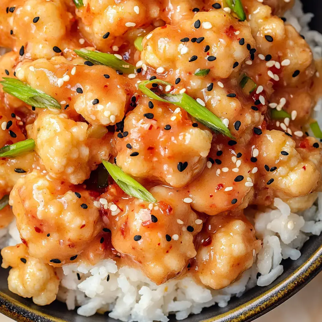 A close-up of crispy cauliflower pieces coated in a spicy sauce, garnished with green onions and sesame seeds, served over white rice in a bowl.