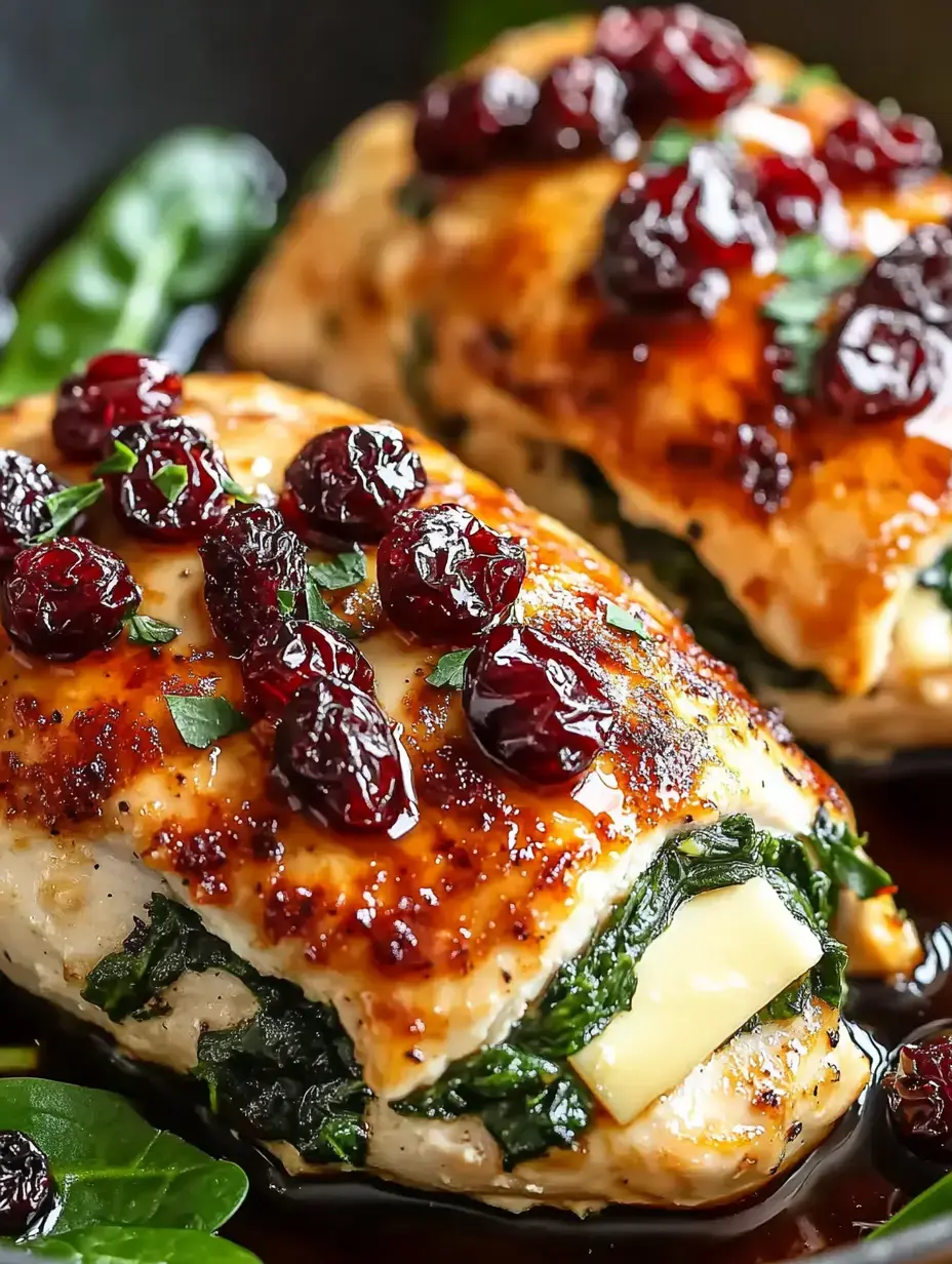 Two chicken breasts stuffed with spinach and cheese, topped with dried cranberries and garnished with fresh herbs, served on a dark background.