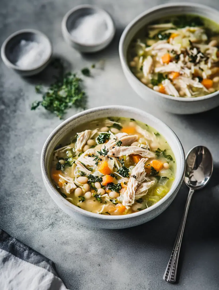 Two bowls of chicken soup are filled with shredded chicken, carrots, greens, and white beans, accompanied by small bowls of salt and fresh thyme on a textured surface.