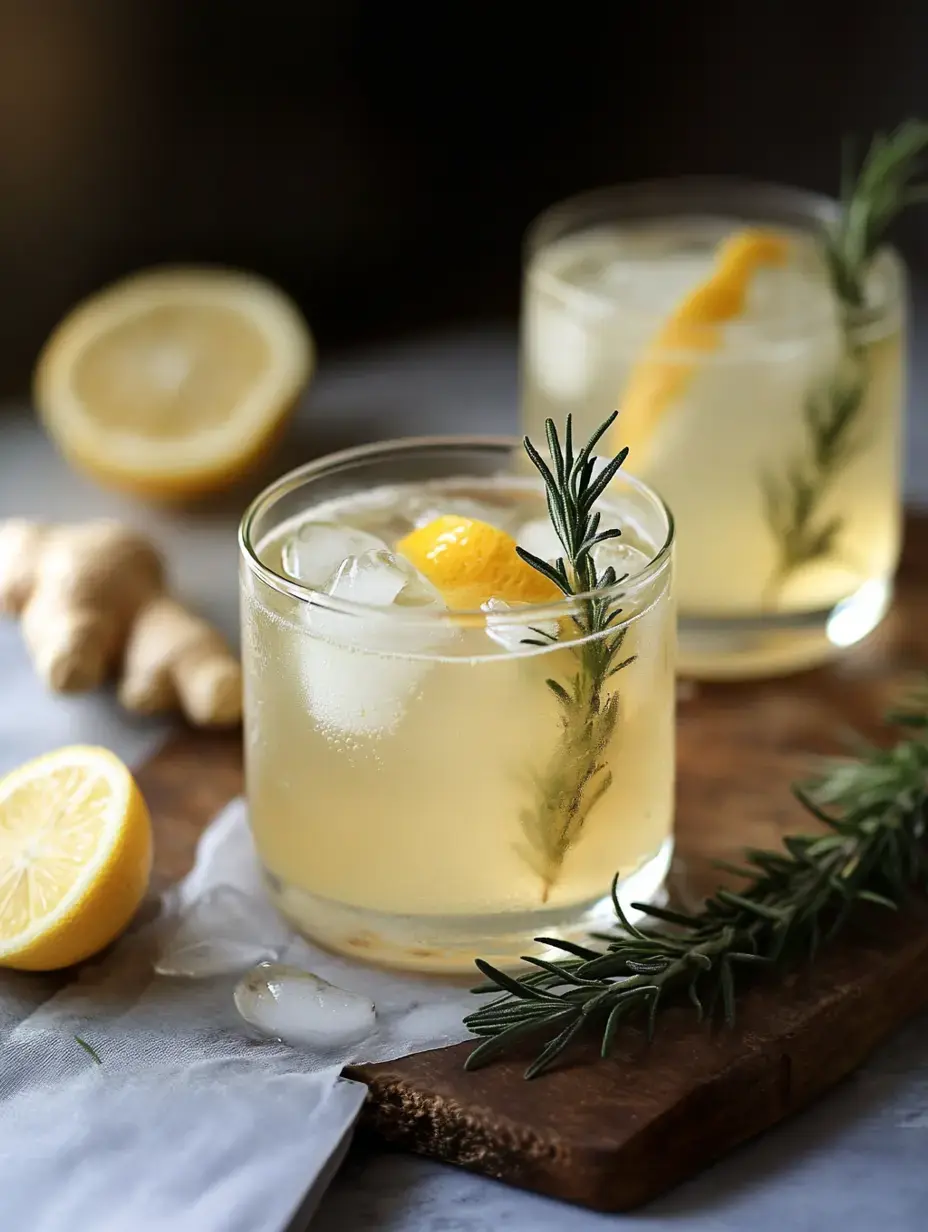 Two refreshing cocktails with ice, garnished with lemon slices and rosemary, on a wooden cutting board alongside fresh ginger and lemon halves.